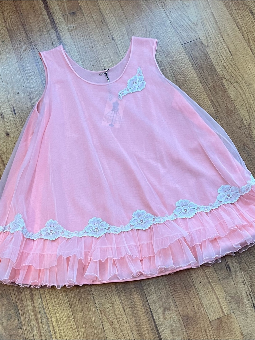 Vintage Peach Chiffon Chemise with White Ruffle and Lace Trim